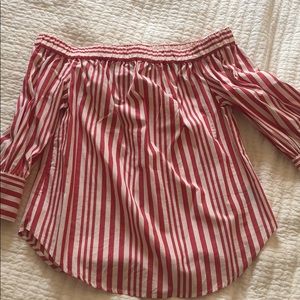 Red and white stripe off the shoulder top